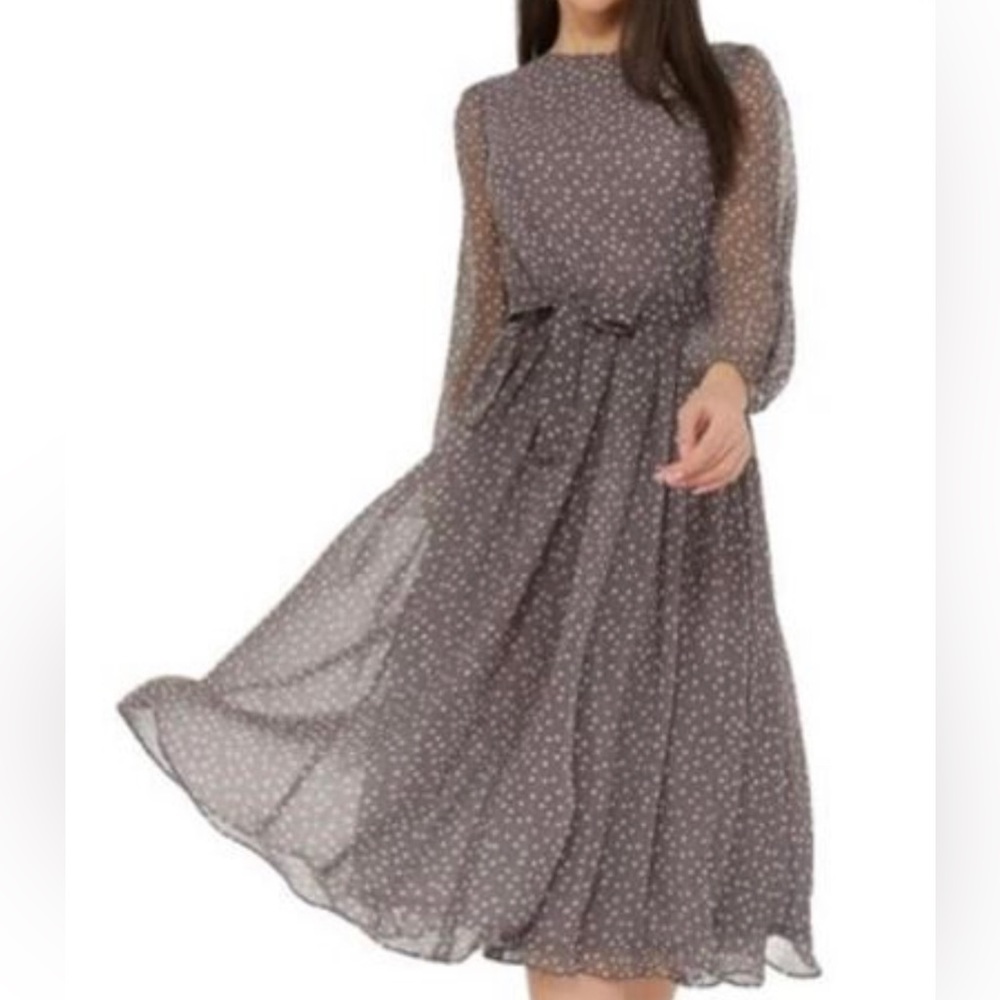 Womens Long Sleeve Midi Polka Dot Dress, Sz S Coffee